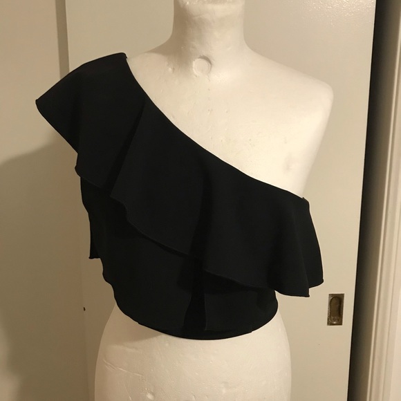 one shoulder black ruffle top